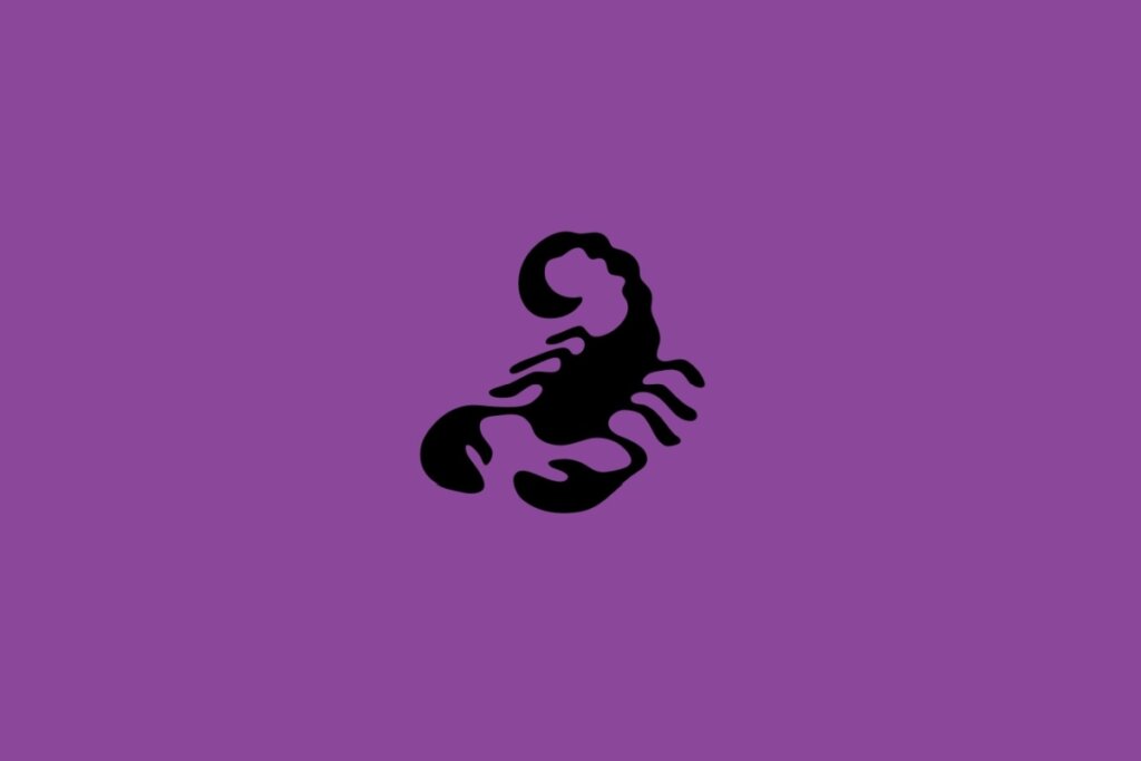 Ilustração do signo de Escorpião com um escorpião em posição de ataque em fundo roxo