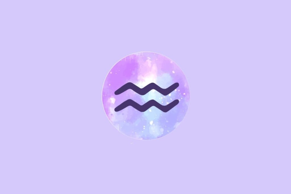 Imagem do signo de Aquário, com um símbolo representado por duas linhas onduladas horizontais, sobre um fundo em tons suaves de roxo e azul