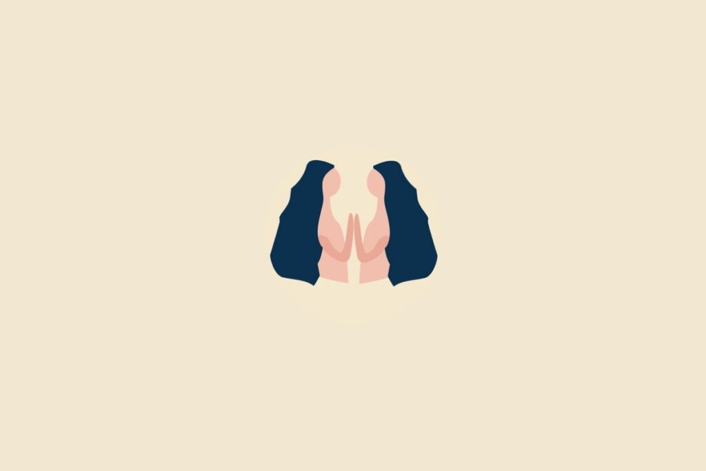 Ilustração do signo de gêmeos em rosa e azul um fundo bege