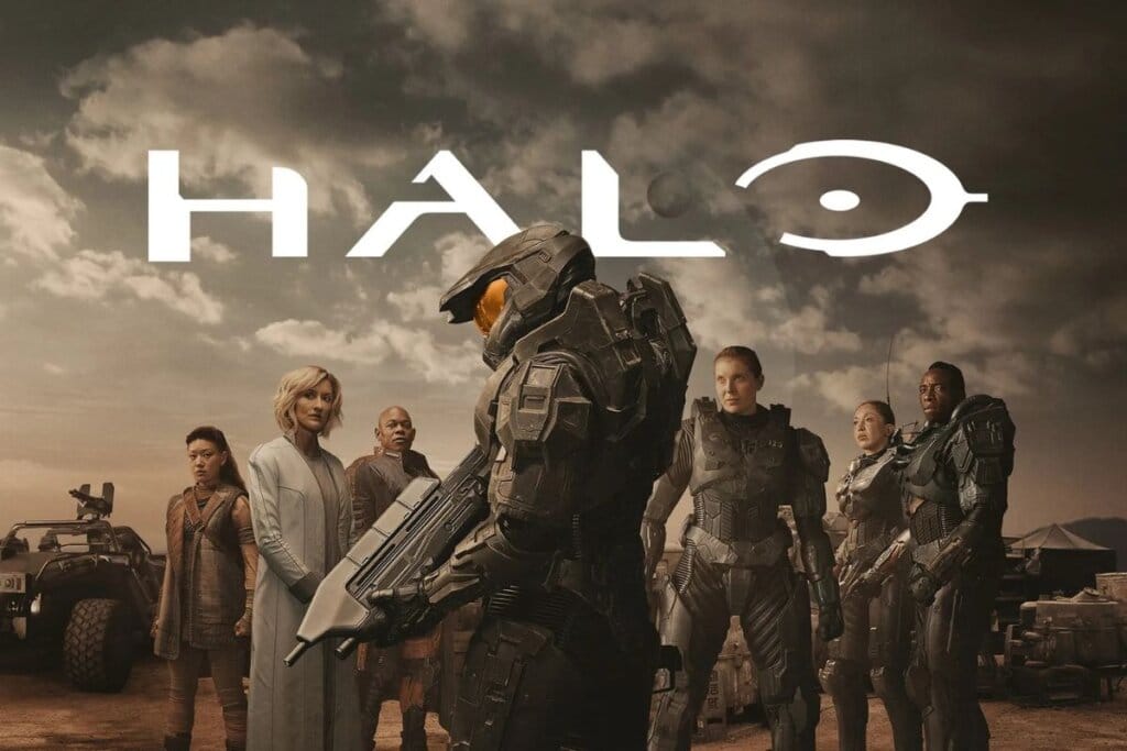 Capa da série "Halo" com pessoas e robôs em fileira e um céu cinza