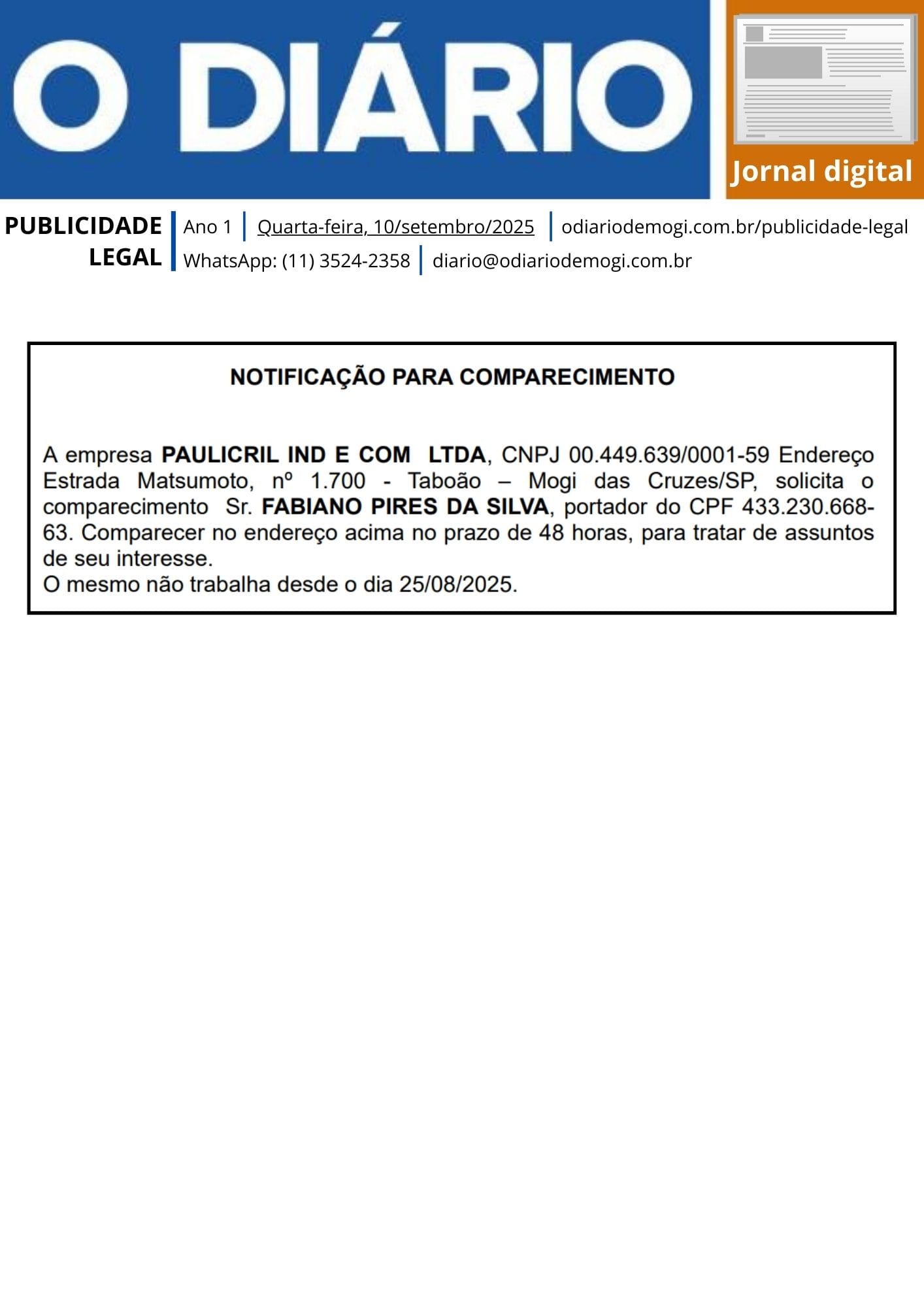 Quarta-feira, 10 de setembro de 2025