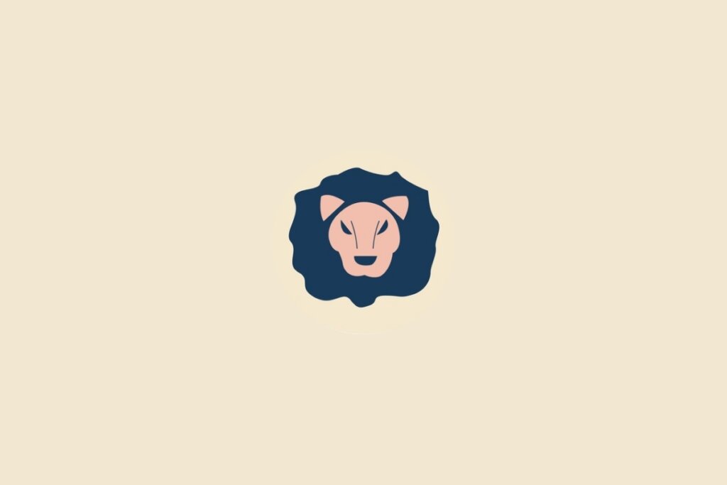Ilustração do signo de leão em rosa e azul em um fundo bege