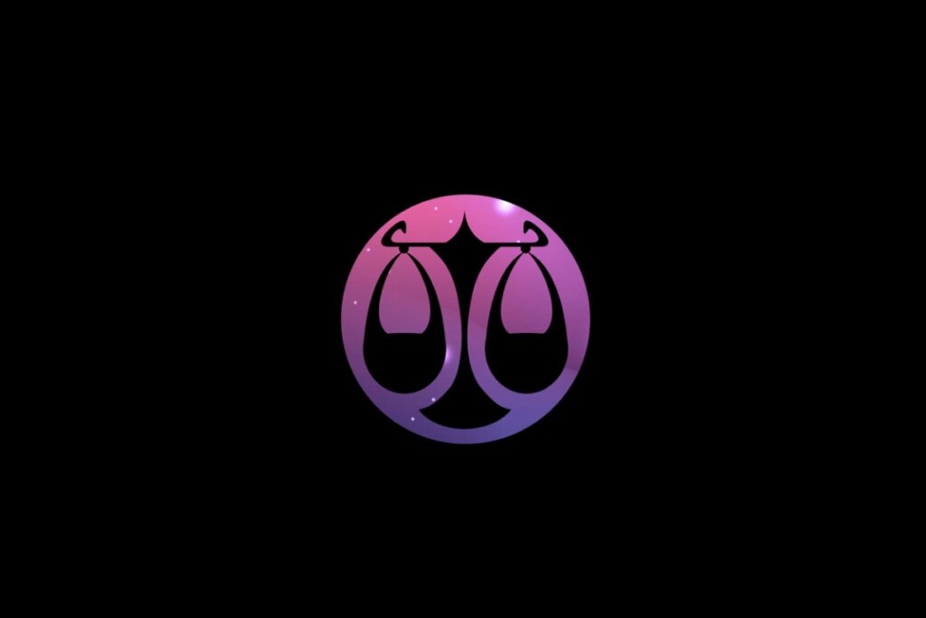 Ilustração do signo de libra em um círculo em tons de roxo e rosa em fundo preto