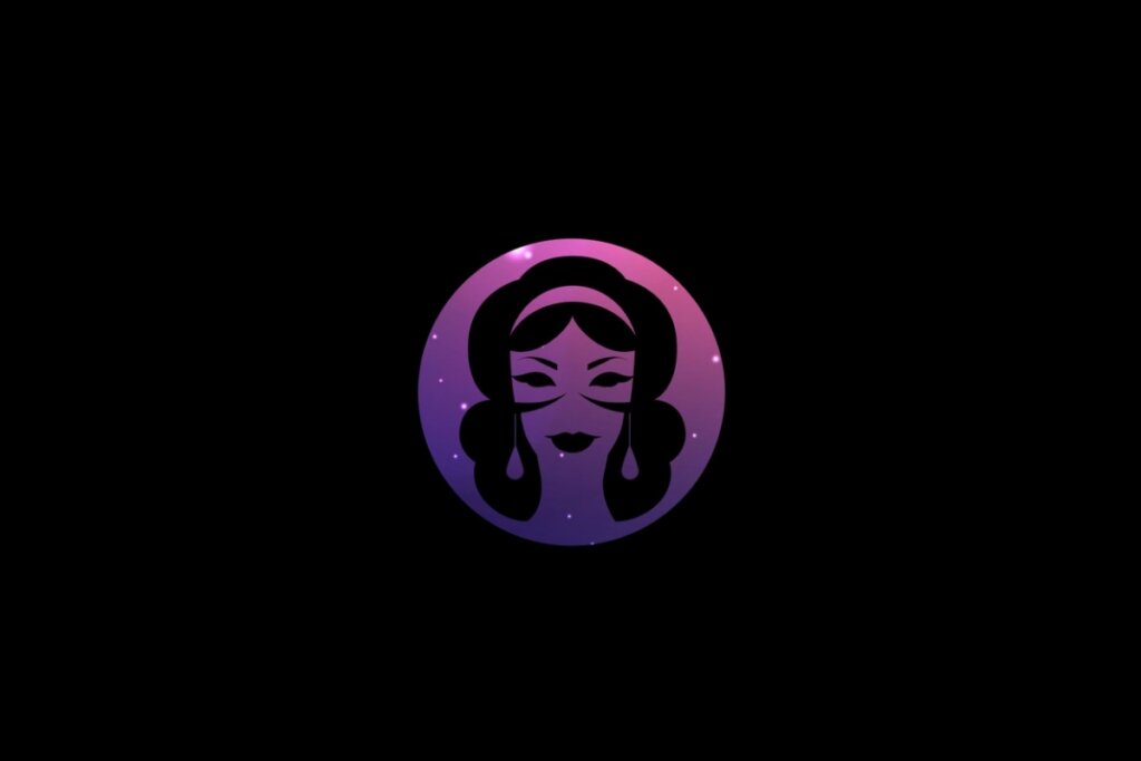 Ilustração do signo de virgem em um círculo em tons de roxo e rosa em fundo preto