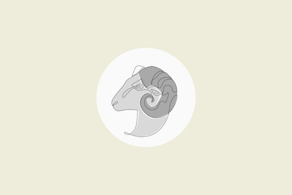 Ilustração do signo de áries em preto e branco, dentro de um círculo, sobre um fundo bege-claro