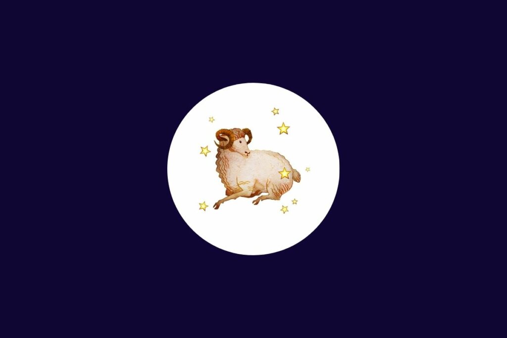 Ilustração do signo de áries em um círculo branco sobre um fundo azul-escuro