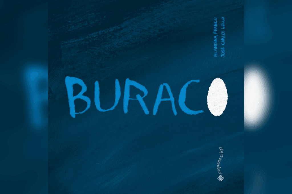Capa do livro "Buraco", com fundo azul-escuro e a palavra escrita em letras grandes, sendo a letra “O” representada por um círculo branco