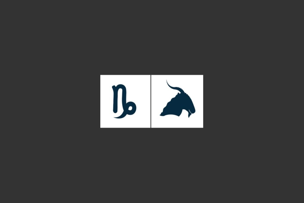 dois quadrados brancos com dois símbolos em azul que representam o signo de capricórnio sobre fundo cinza-escuro