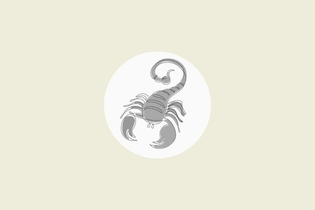 Ilustração do signo de escorpião em preto e branco, dentro de um círculo, sobre um fundo bege-claro