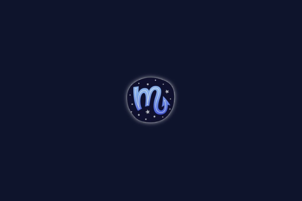 Símbolo do signo de escorpião na cor azul centralizado sobre um fundo azul-escuro com pequenas estrelas brancas ao redor