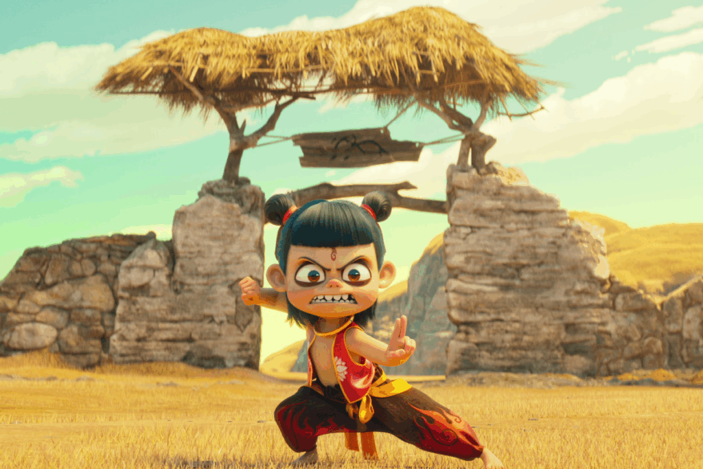 Ilustração de um menino vestido com uma calça marrom com estampa de chamas e um colete marrom com estampa de chamar com o cabelo curto e dois coques no cabelo em campo aberto fazendo pose de luta