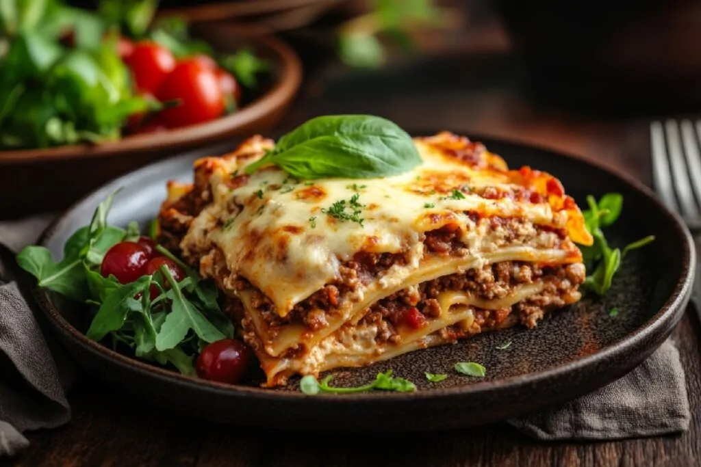 Lasanha à bolonhesa com molho branco servida com salada e em prato fundo de cerâmica preto em cima de mesa de madeira