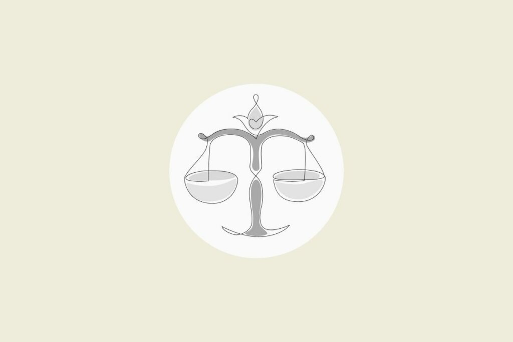 Ilustração do signo de libra em preto e branco, dentro de um círculo, sobre um fundo bege-claro