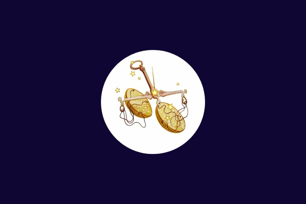 Ilustração do signo de libra em um círculo branco sobre um fundo azul-escuro