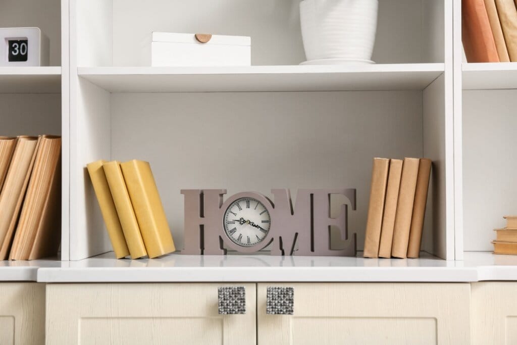 Prateleiras com livros, relógio e objetos decorativos