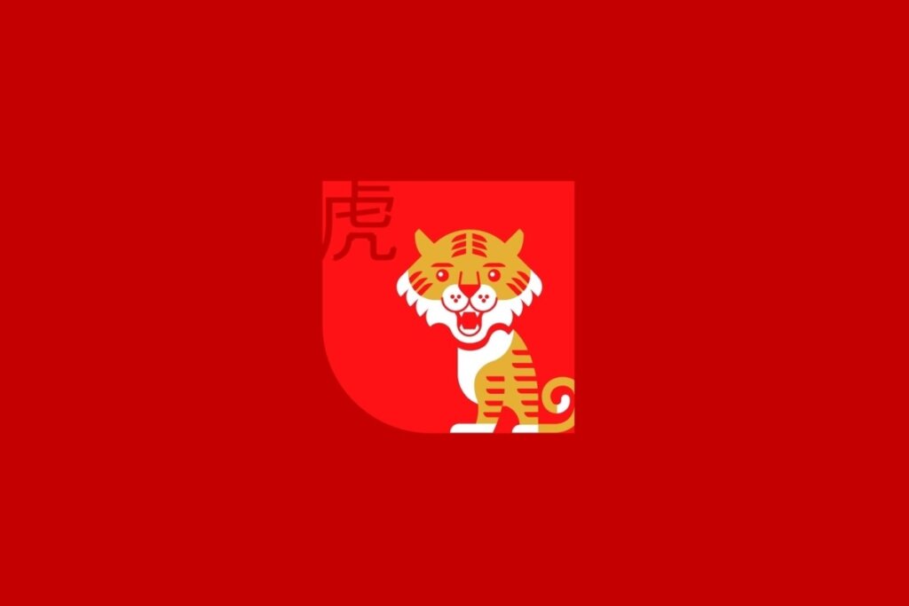 Ilustração do signo de Tigre, contendo um tigre dourado com listras vermelhas e rosto branco, em fundo vermelho
