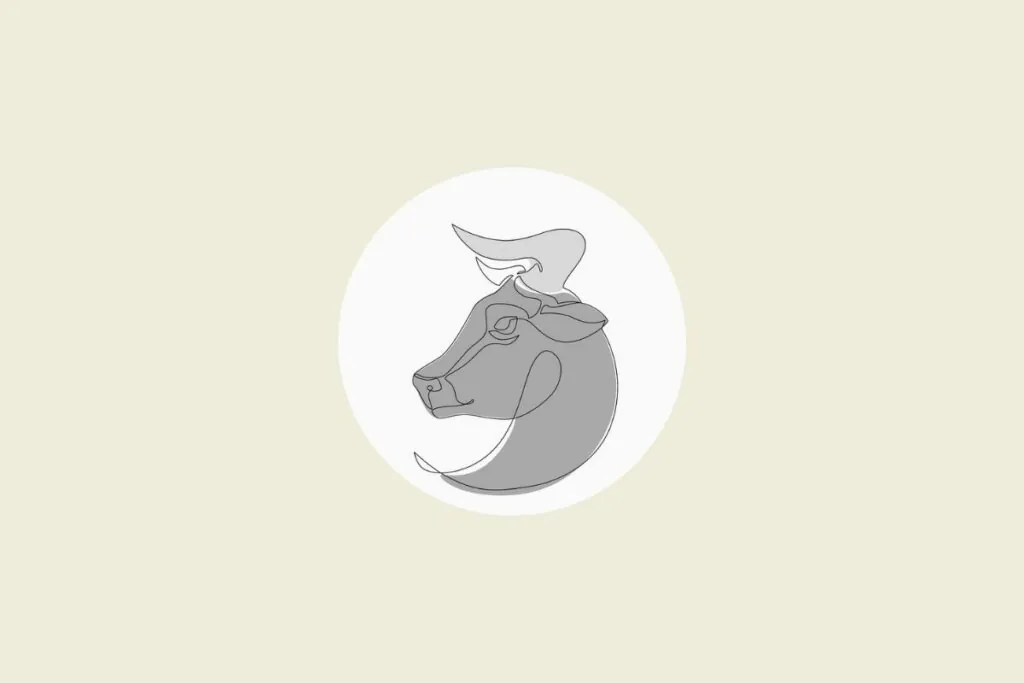 Ilustração do signo de touro em preto e branco, dentro de um círculo, sobre um fundo bege-claro
