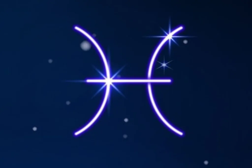 Símbolo do signo de Peixes em roxo em fundo azul-escuro com pontos de luz simbolizando as estrelas