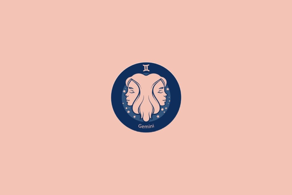Ilustração do signo de Gêmeos com dois rostos opostos em perfil em fundo azul com estrelas e fundo rosa