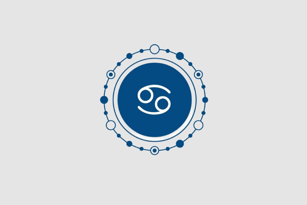 Ilustração do signo de Câncer, com dois círculos interligados por curvas brancas, sobre fundo azul-escuro cercado por ornamentos redondos