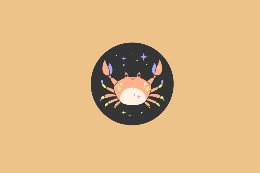 Ilustração do signo de Câncer, em fundo alaranjado, com um caranguejo rosado de patas coloridas e expressão simpática, sobre um fundo estrelado