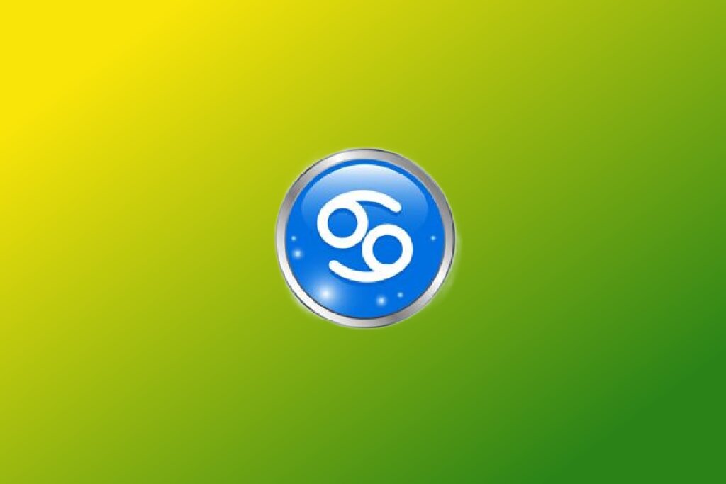 Ilustração do signo de Câncer com duas vírgulas brancas espelhadas em círculo azul com borda prateada sobre fundo verde e amarelo