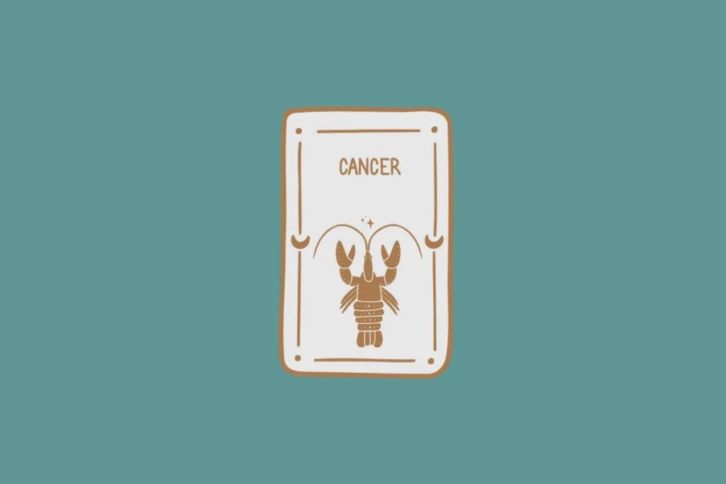 Ilustração do signo de Câncer, em fundo verde-azulado, contendo um caranguejo com garras levantadas
