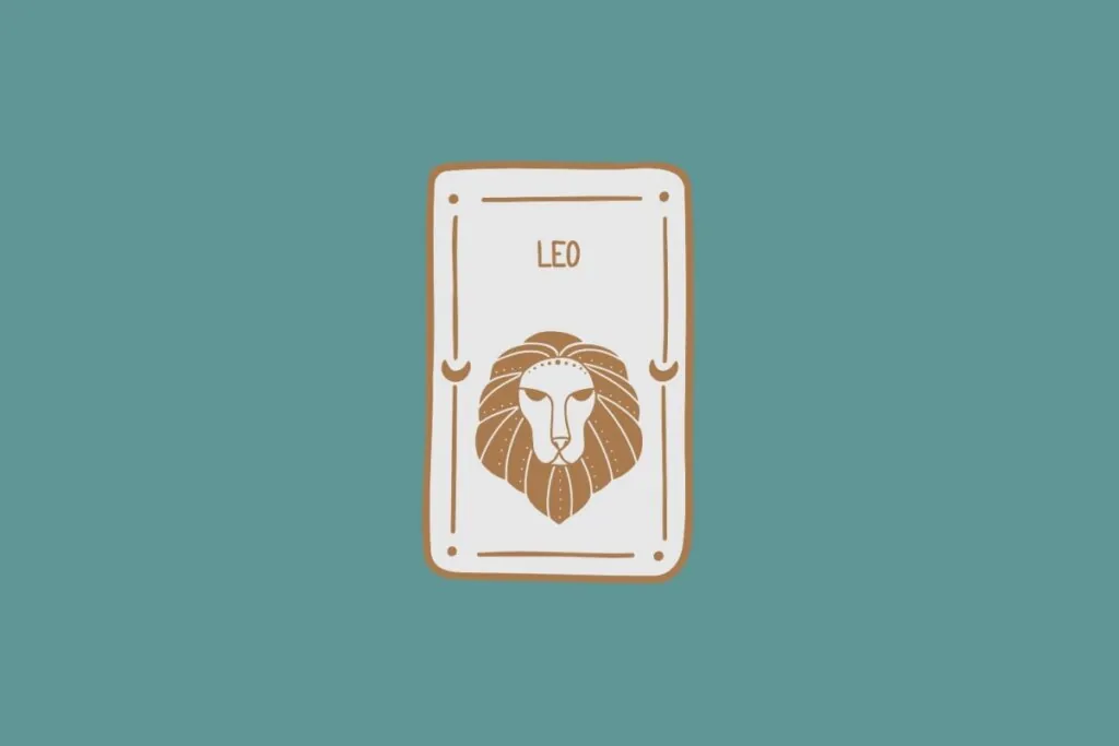 Ilustração do signo de Leão, em fundo verde-azulado, contendo a cabeça de um leão com juba estilizada em camadas