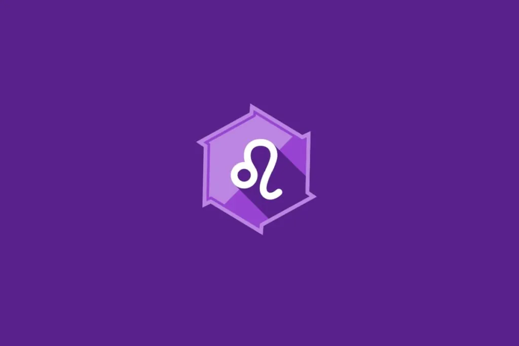 Ilustração do signo de Leão, em fundo roxo, com símbolo curvado que lembra uma cauda de leão em movimento