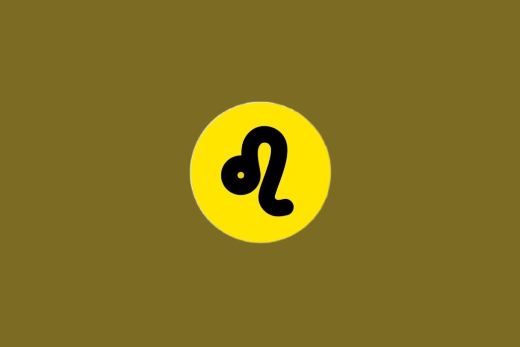Ilustração do signo de Leão, contendo glifo preto com traço curvo e pequeno círculo, em círculo amarelo