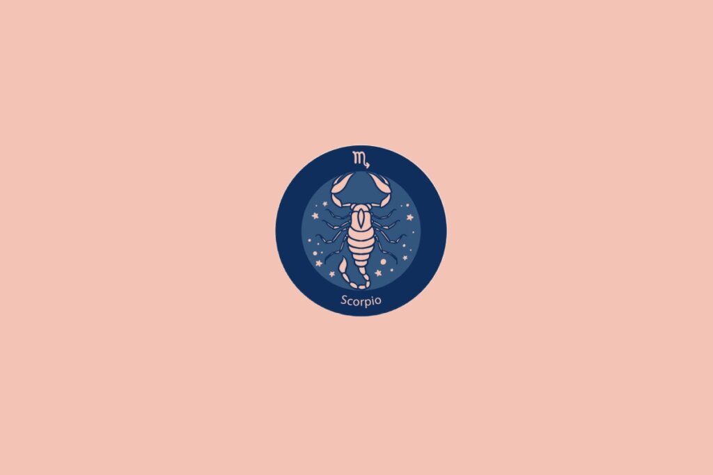 Ilustração do signo de Escorpião com um escorpião em meio a estrelas em fundo azul e rosa