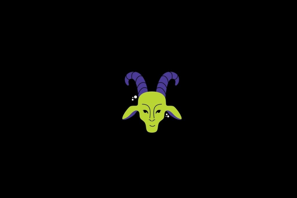 Ilustração do signo de capricórnio nas cores verde e roxo em um fundo preto