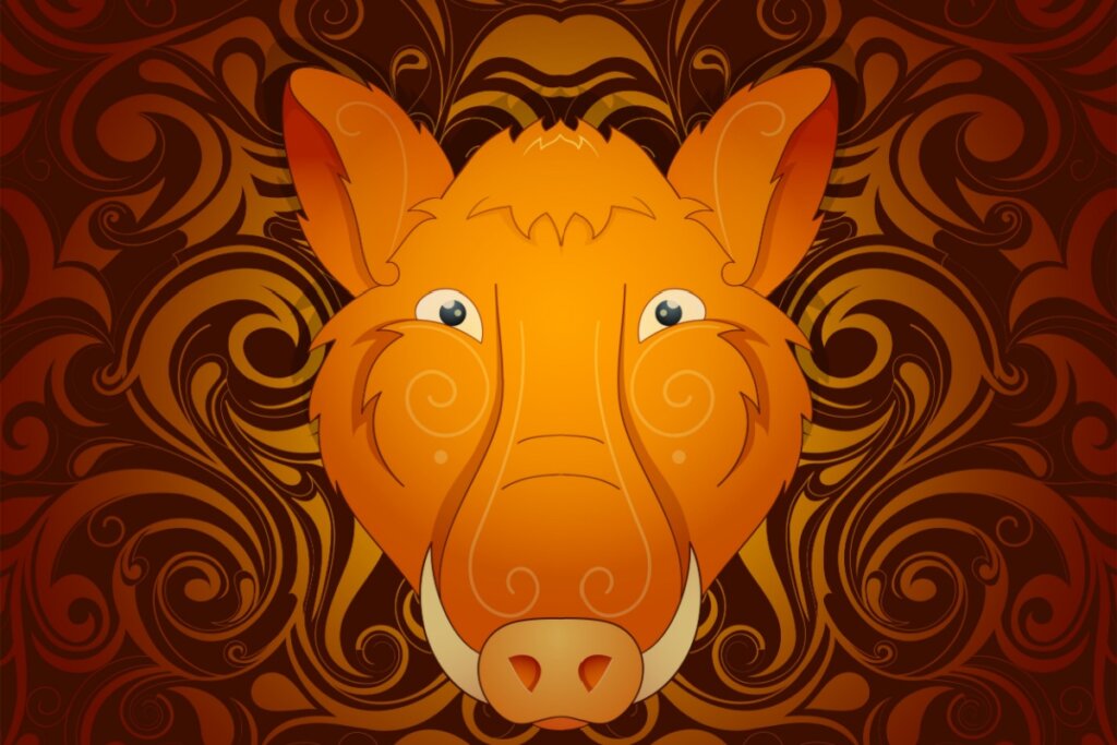 Imagem de um javali em um fundo com listras marrons e laranjas