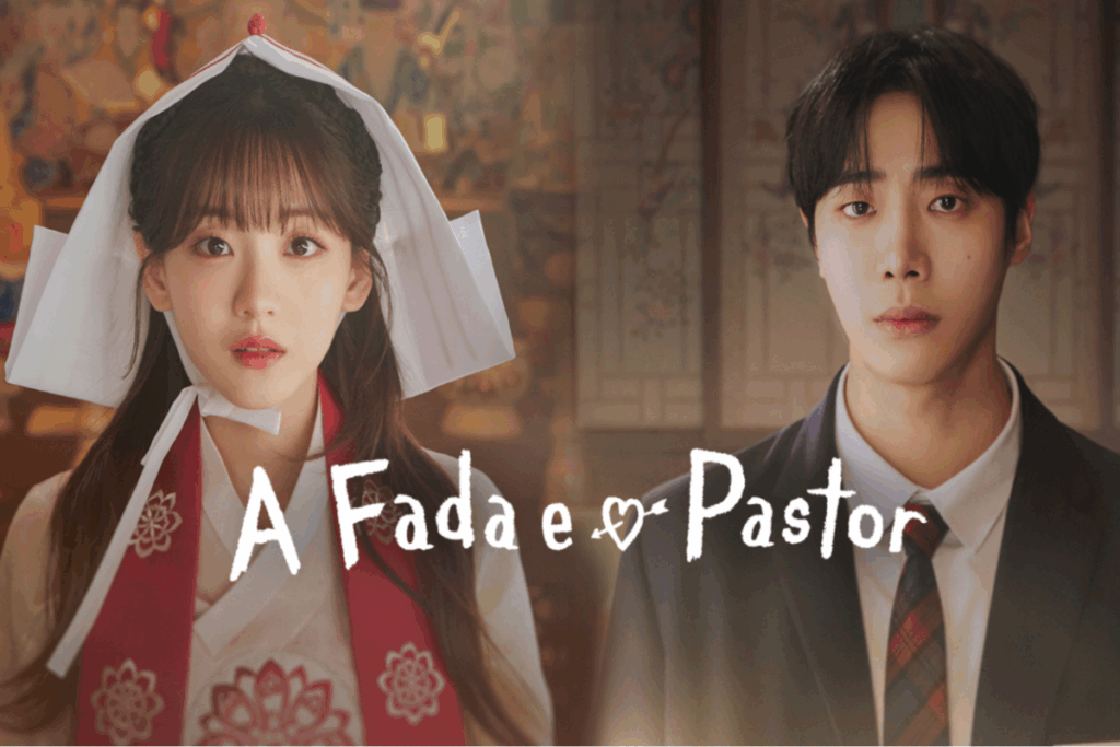 Jovem casal em trajes tradicionais coreanos, com a protagonista usando acessório vermelho e branco e o rapaz de uniforme