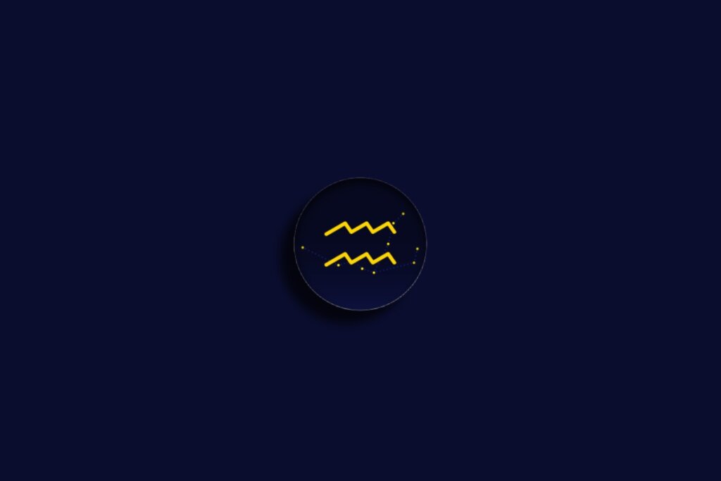 círculo azul-escuro com símbolo e constelação do signo de aquário em amarelo sobre fundo azul-escuro