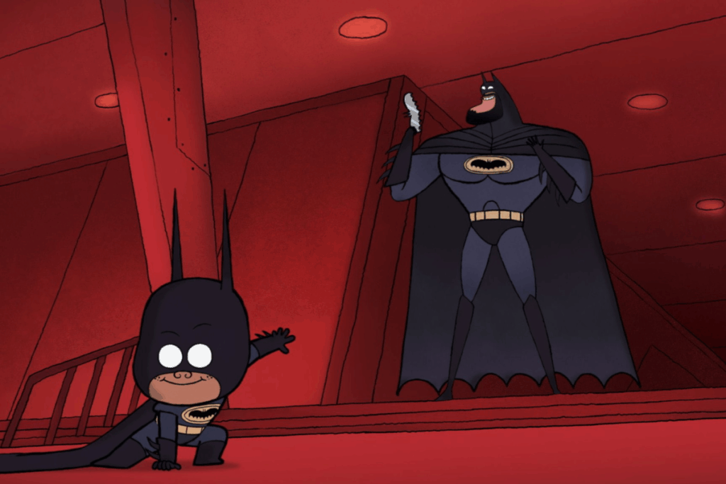 Ilustração de um menino usando roupa do Batman e atrás o Batman em fundo vermelho