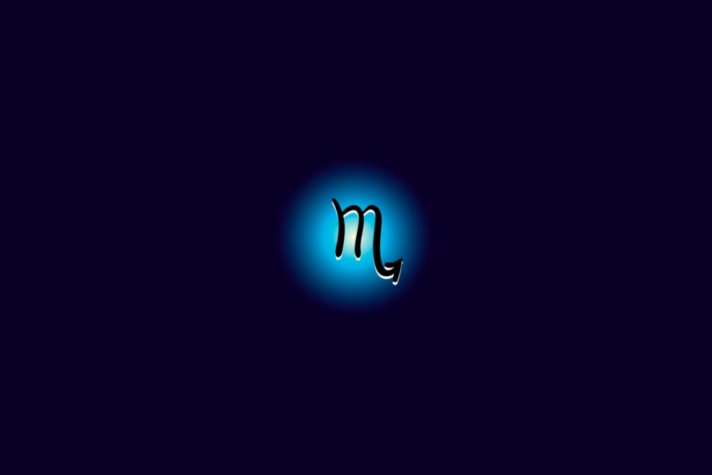 Ilustração do signo de escorpião iluminado com uma luz em um fundo azul escuro