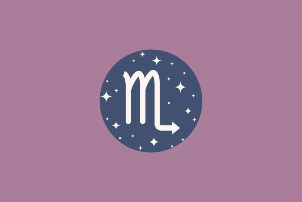Ilustração do signo de escorpião em um círculo azul com estrelas e em um fundo roxo