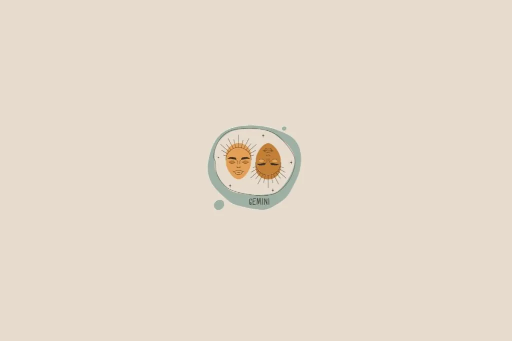 Ilustração do signo de gêmeos em um fundo bege-claro. Ao redor dele, há um círculo verde-claro e pequenas bolhas