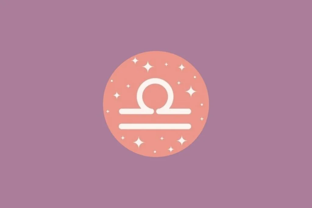 Ilustração do signo de libra em um círculo rosa com estrelas e em um fundo roxo