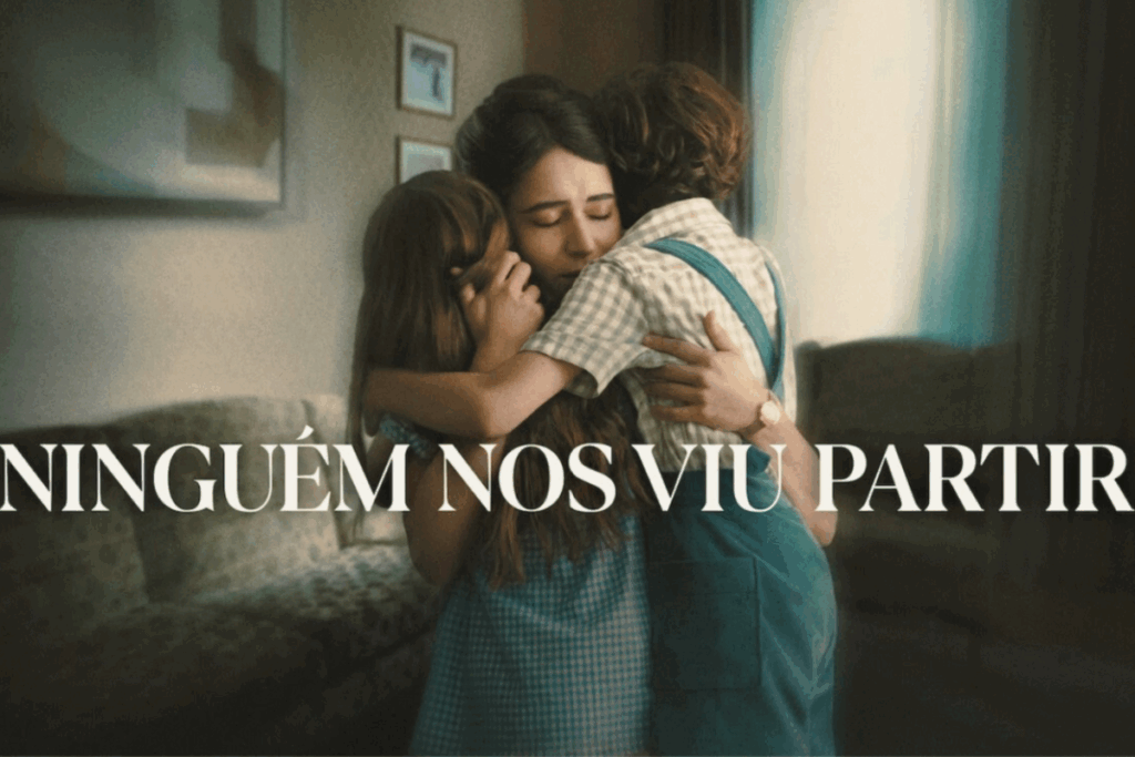 Imagem da série “Ninguém nos Viu Partir” mostrando uma mulher abraçando duas crianças em clima de emoção