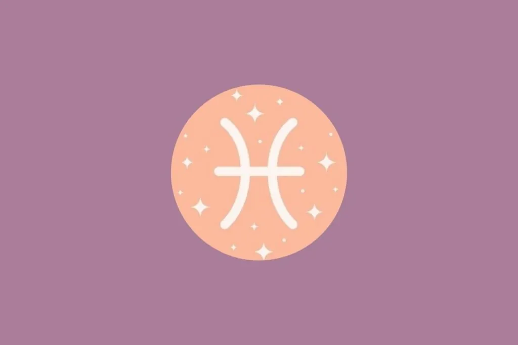 Ilustração do signo de peixes em um círculo rosa claro com estrelas e em um fundo roxo