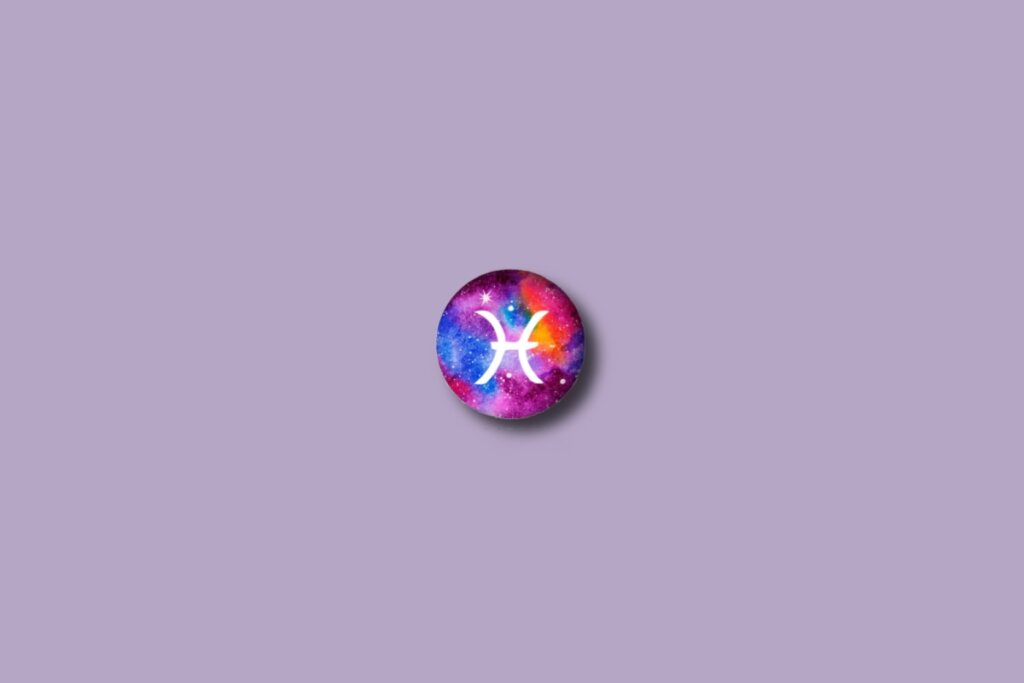 Ilustração do signo de peixes em um círculo colorido e sobre um fundo roxo