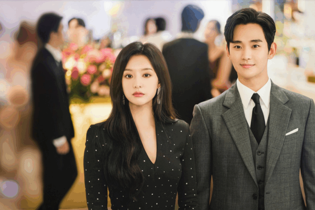 Casal elegante de terno e vestido preto em um evento, cercado por convidados ao fundo