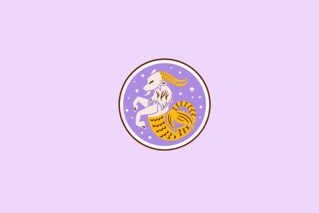 Ilustração do signo de Capricórnio, mostrando uma figura híbrida com corpo de cabra e cauda curva em fundo lilás