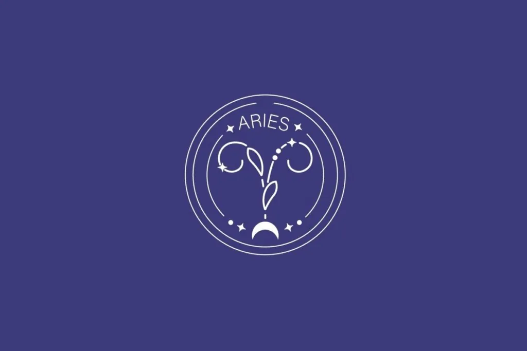 Ilustração do signo de Áries, com símbolo formado por linhas curvas que lembram chifres, em fundo escuro