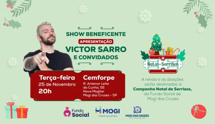Ingressos para show beneficente de Victor Sarro seguem à venda em Mogi das Cruzes