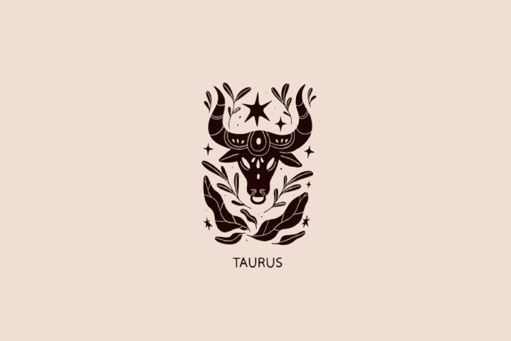 Ilustração do signo de Touro contendo uma cabeça de touro com chifres e estrela central em fundo bege