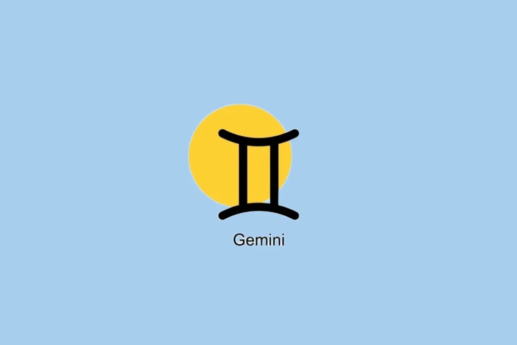 Símbolo do signo de Gêmeos ao lado de círculo amarelo em fundo azul claro
