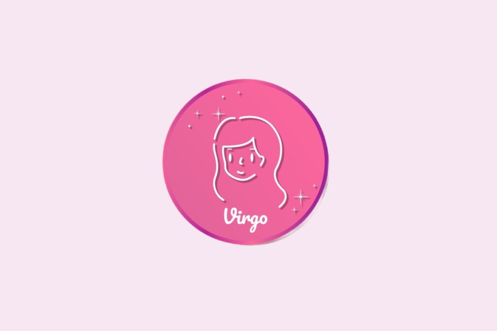 Ilustração do signo de Virgem, em fundo rosa, contendo o símbolo de um rosto feminino com cabelos ondulados